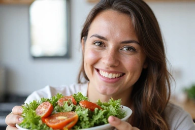 A person happily eating a healthy salad, symbolizing a step towards wellness.