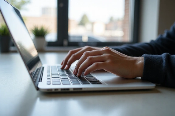 A person typing on a laptop, with a focus on their hands and the keyboard, suggesting communication and digital interaction.